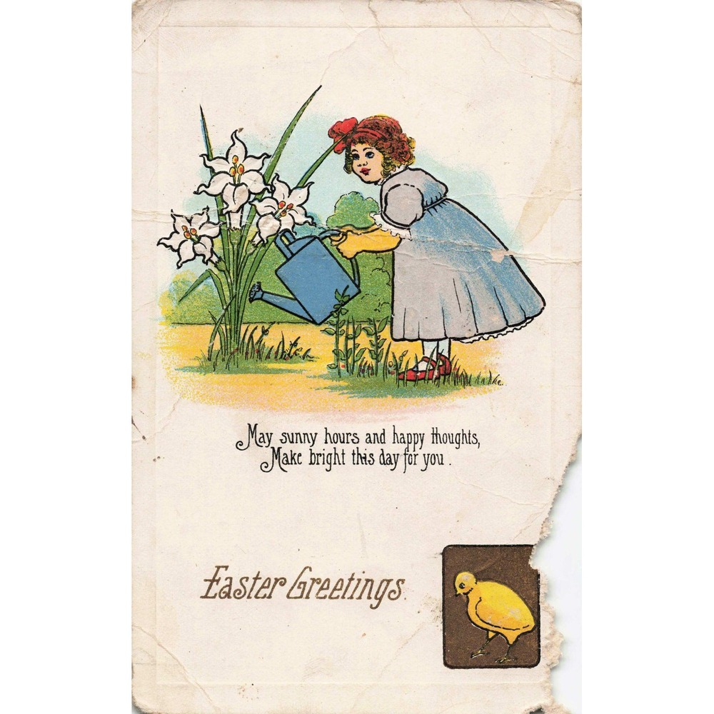 Easter Greetings Postcard Girl Watering Lilies Chick PH&A 440H Divided Back